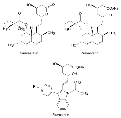 Chemical structures of three statins, including the synthetic structural analogue, Fluvastatin